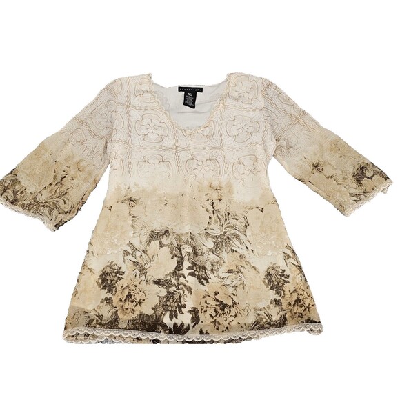 VTG 90s Tunic Top Women S Muted Beige Ombre Floral V-Neck Ethereal Whimsy Fairy - Picture 1 of 9